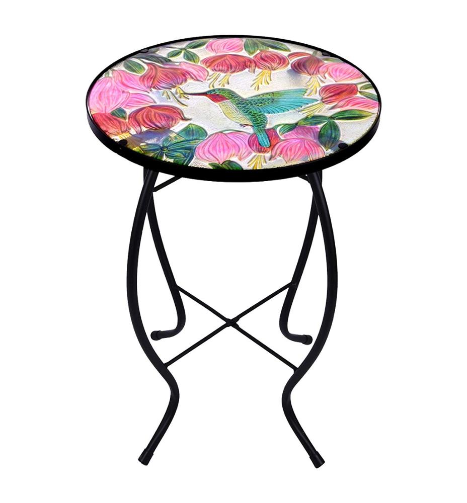 Hanssz Olasu Mosaic Hand Painted Hummingbird Glass Plant Stand Side Coffee Tables for Patio Garden Lawn Indoor Outdoor use Green