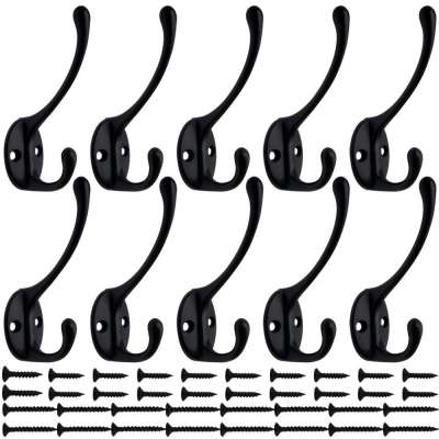 Hanssz 10 Pack Heavy Duty Dual Coat Hooks Wall Mounted with 40 Screws Retro Double Hooks Utility Black Hooks for CoatScarf Bag