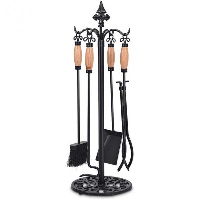 Hanssz 5 Pieces Fireplace Tools Indoor Outdoor 4 Tools Decor Holder Tong Poker Base Shovel Brush Wrought Iron Toolset Fireplace