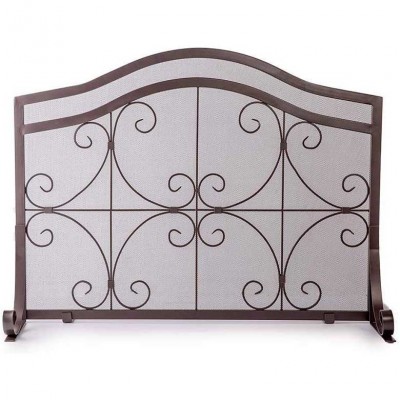 Hanssz Large Crest Flat Guard Fireplace Screen Solid Wrought Iron Frame Metal Mesh Decorative  Scroll Design Free Screen Copper